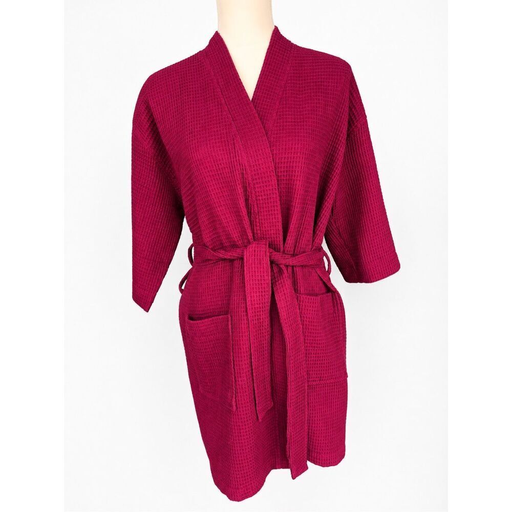 Chakr Linen Waffle Knit Robe Women’s Size L Magenta Spa Lounge Kimono Tie Waist